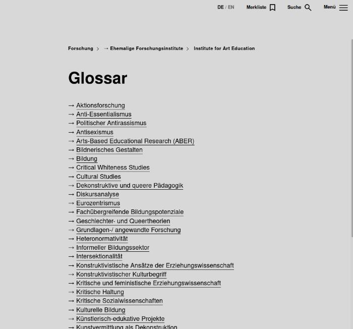 Glossar des ehem. IAE, Institutes for Art Education, der ZHdK
